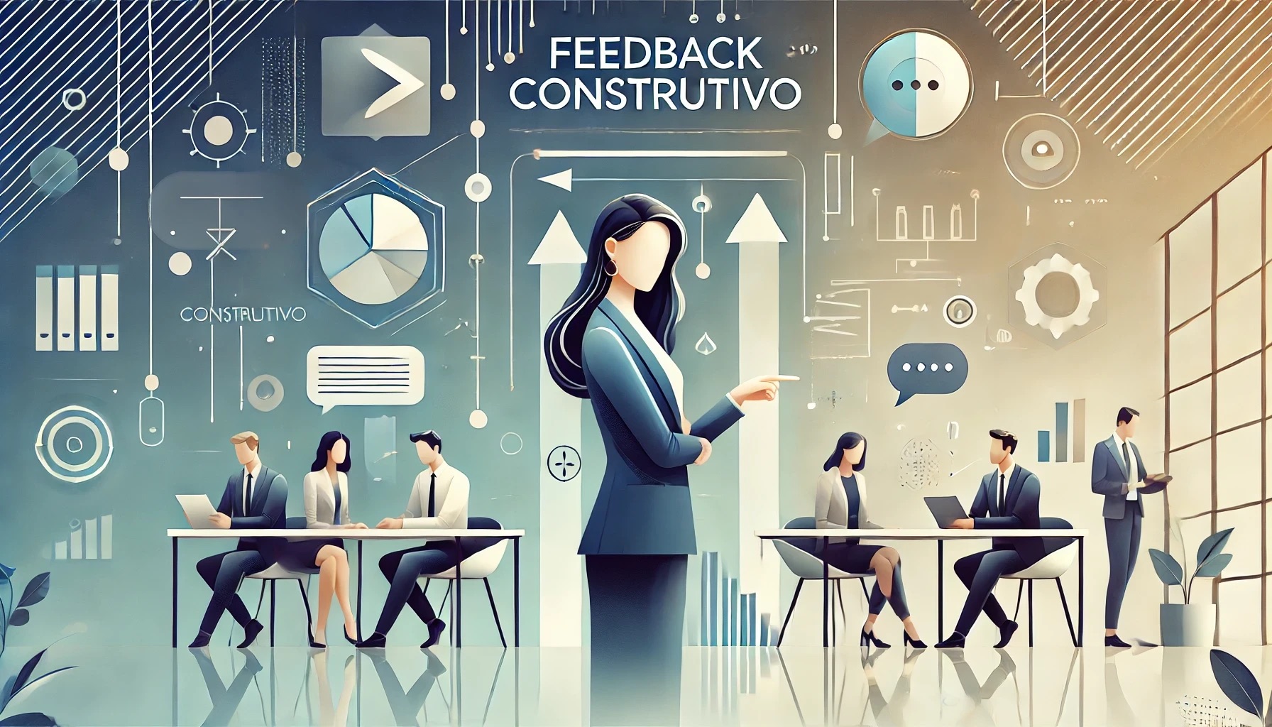 Banner minimalista e profissional para um blog post sobre feedback construtivo, apresentando uma líder feminina em um ambiente de trabalho moderno, interagindo de forma amigável com um colega. O design inclui formas geométricas abstratas e iluminação suave, com o texto 'Feedback Construtivo' destacado em fonte moderna e clara, em uma composição limpa e organizada.